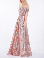 A-Line Bridesmaid Dress Off Shoulder Short Sleeve Elegant Floor Length Sequined with Ruching