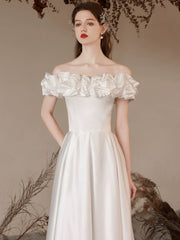 A-Line Off Shoulder Satin Tea Length White Prom Dress, White Formal Dress