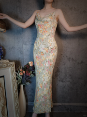 Vintage Floral Spaghetti Strap Sparkling Beaded Design Romantic Chiffon Evening Dress Prom Dress HZ1024