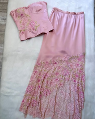 Lovely Pink Two Pieces Strapless Sheath Satin Long Party Dress Birthday Outfits, HZ0319