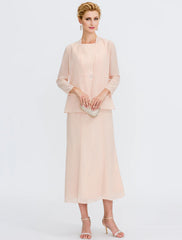 Aimishang  Two Piece Sheath / Column Mother of the Bride Dress Wedding Guest Plus Size Elegant with Jacket Long Sleeve Scoop Neck Tea Length Chiffon Sash / Ribbon Pleats Beadin