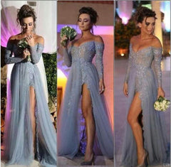 Custom Made A Line Sweetheart Neck Long Sleeves Prom Dresses, Long Formal Dresses