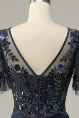 Navy blue decal sequin bridal mother dress