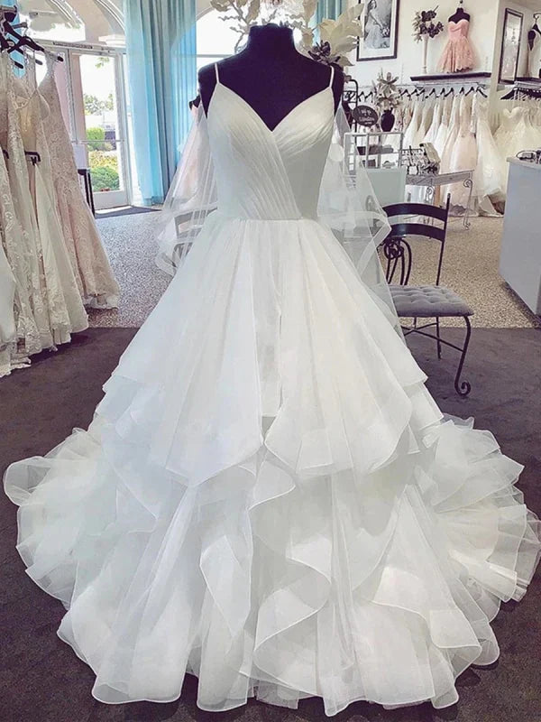 V Neck Spaghetti Straps Long Wedding Dresses