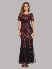 Aimishang Mermaid / Trumpet Empire Elegant Party Wear Formal Evening Dress Jewel Neck Short Sleeve Floor Length Tulle with Embroidery