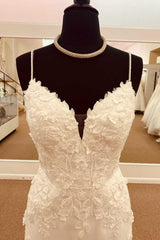 White Lace Straps Backless Trumpet Long Wedding Dress