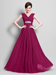 A-Line Mother of the Bride Dress Open Back V Neck Floor Length Chiffon Sleeveless with Beading Side
