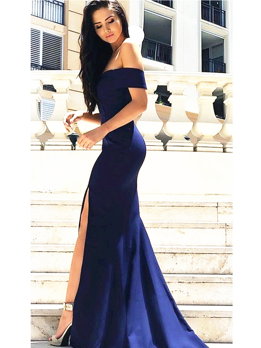 Custom Made Off Shoulder Mermaid Navy Blue Prom Dress with Slit, Navy Blue Formal Dress, Dark Blue Bridesmaid Dress