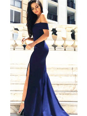 Custom Made Off Shoulder Mermaid Navy Blue Prom Dress with Slit, Navy Blue Formal Dress, Dark Blue Bridesmaid Dress