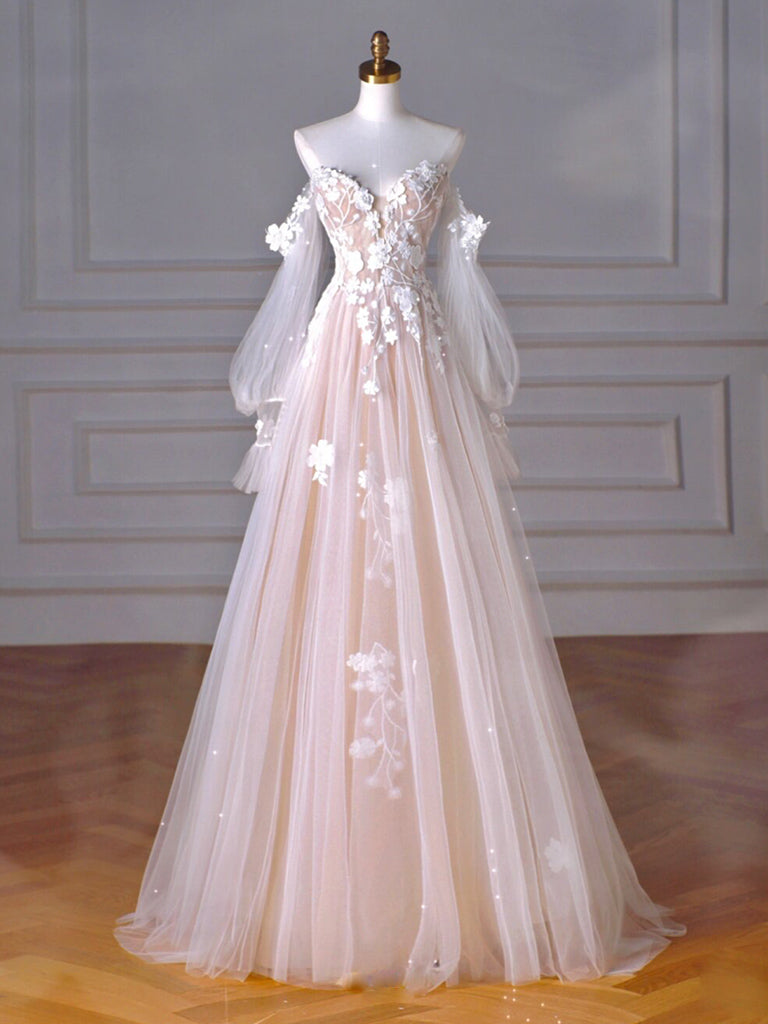 A-Line Long Sleeves Tulle Lace Champagne Long Prom Dress, Champagne Long Formal Dress
