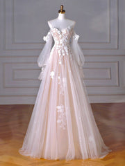 A-Line Long Sleeves Tulle Lace Champagne Long Prom Dress, Champagne Long Formal Dress