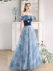 Blue  A-Line Tulle Lace Long Prom Dress, Blue Long Formal Dress