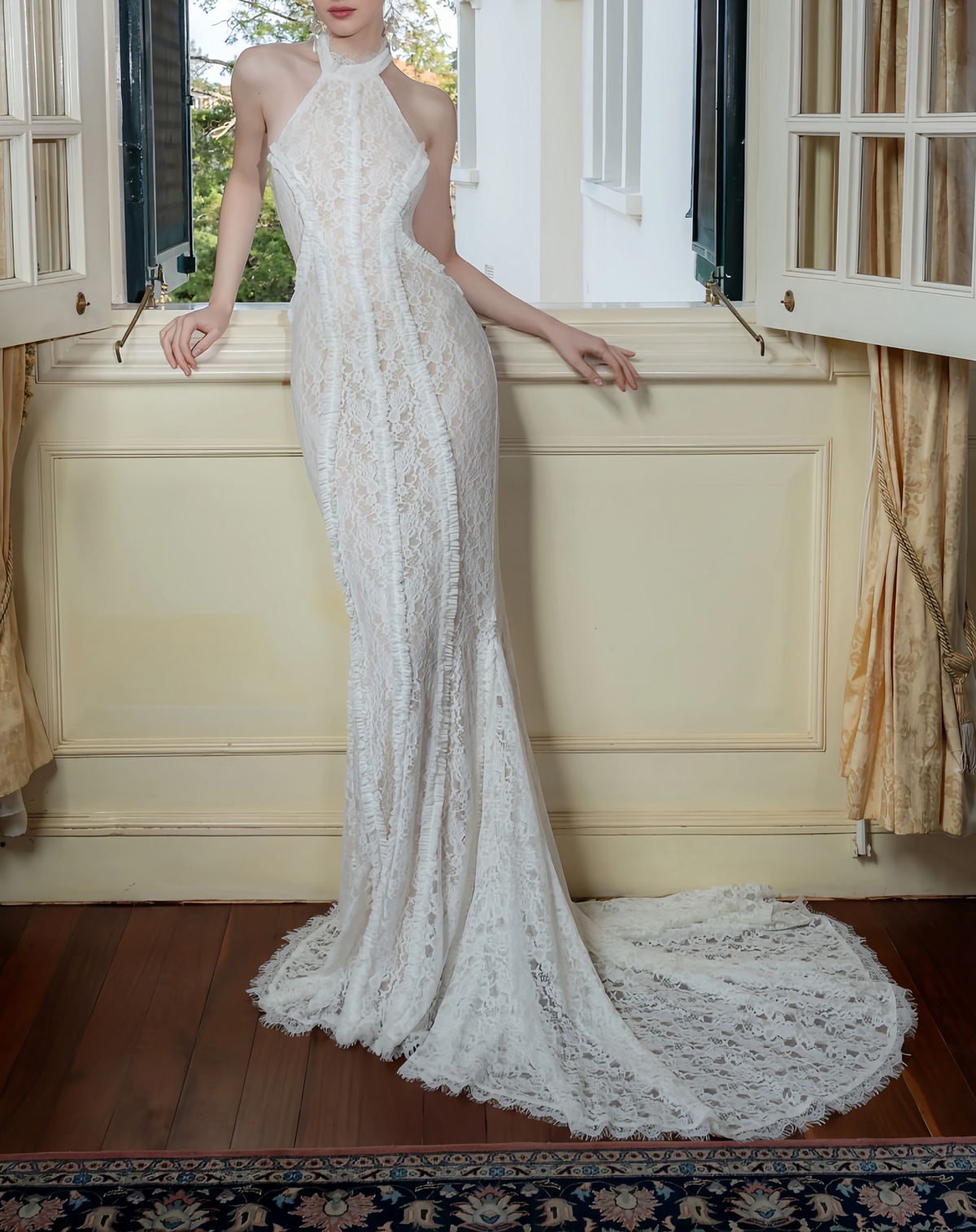 Elegant Lace Mermaid Evening Gown Halter-neck Party Dress Lace-up Long Formal Dress HZ1024