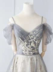 Light Grey Tulle A-line Straps Long Party Dress, Grey Tulle Evening Dress