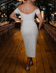 Wholesale Bachelorette Party Sparkle & Shine Little White Dresses Wedding Dresses Sheath / Column Off Shoulder Cap Sleeve Tea Length Sequined Bridal Gowns With Ruched Split Front