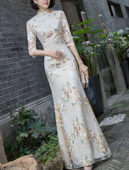 Sheath / Column Evening Gown Vintage Dress Wedding Guest Formal Evening Floor Length Half Sleeve High Neck Satin with Embroidery