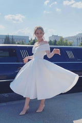 A Line Ankle Length Homecoming Dress, Ivory Off Shoulder Satin Short Wedding Dresses