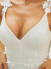 Double V Neck Lace Bodice Open Back Tulle Wedding Dress