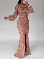 Mermaid Dress Evening Gown Champagne Gown Sparkle Sequin Dress Formal Floor Length Long Sleeve Scoop Neck with Ruched Slit