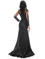 Mermaid / Trumpet Evening Gown Sparkle Dress Wedding Guest Homecoming Sweep / Brush Train Long Sleeve Illusion Neck Lace with Appliques
