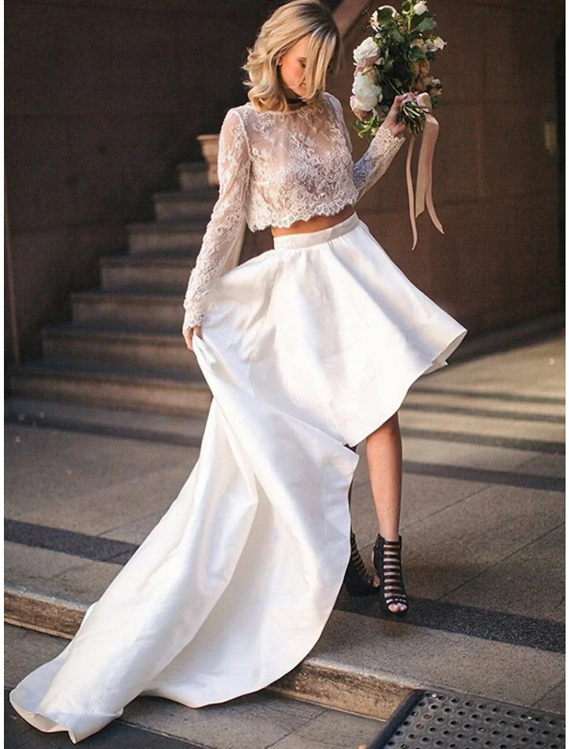 Aimishang Bridal Shower Little White Dresses Fall Wedding Dresses Two Piece Scoop Neck Long Sleeve Asymmetrical Satin Bridal Gowns With Pleats Appliques Summer Wedding Party