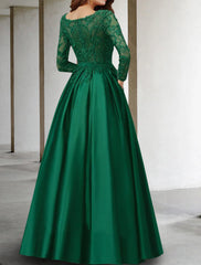 Aimishang A-Line Mother of the Bride Dress Luxurious Elegant V Neck Floor Length Chiffon Lace Long Sleeve with Pleats Appliques