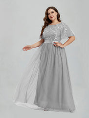 A-Line Prom Dresses Floral Dress Party Wear Quinceanera Floor Length Short Sleeve Jewel Neck Bridesmaid Dress Tulle with Embroidery Splicing
