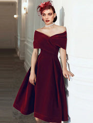 A-Line Cocktail Black Dress 1950s Dress Christmas Red Green Dress Fall Wedding Guest Dress Knee Length Short Sleeve Off Shoulder Velvet with Pleats Pure Color