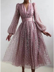 Women's Sequin Dress Party Dress Sparkly Dress Dress Homecoming Dress Sheath Dress Swing Dress Midi Dress Dusty Rose Dusty Blue Long Sleeve Plain Ruched Winter Fall Spring V Neck