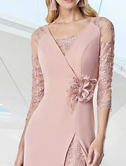 A-Line Evening Gown Elegant Dress Formal Floor Length 3/4 Length Sleeve V Neck Fall Wedding Guest Chiffon with Embroidery