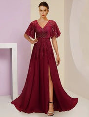 Sheath / Column Mother of the Bride Dress Wedding Guest Elegant Sparkle & Shine V Neck Floor Length Chiffon Lace Sequined Short Sleeve with Pleats Split Front