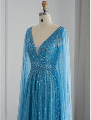 A-Line Evening Gown Sparkle & Shine Dress Formal Fall Sweep / Brush Train Long Sleeve V Neck Sequined with Glitter Pleats