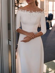 Wholesale Engagement Formal Wedding Dresses A-Line Off Shoulder 3/4 Length Sleeve Sweep / Brush Train Lace Bridal Gowns With Appliques Solid Color