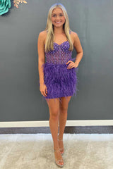 Stunning Purple Beaded Straps Feathered Mini Homecoming Dress