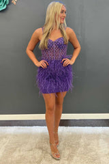 Stunning Purple Beaded Straps Feathered Mini Homecoming Dress