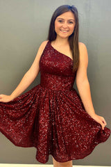 Navy Blue Sequins One-Shoulder A-Line Short Homecoming Dress
