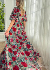 Elbow Sleeve Red Floral Prom Dresses V-neck Formal Dress with Pockets TO012B