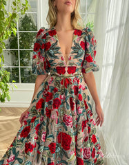 Elbow Sleeve Red Floral Prom Dresses V-neck Formal Dress with Pockets TO012B