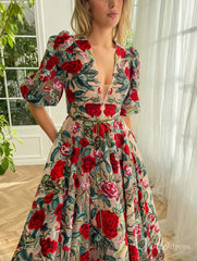 Elbow Sleeve Red Floral Prom Dresses V-neck Formal Dress with Pockets TO012B
