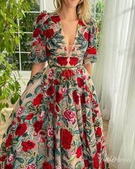 Elbow Sleeve Red Floral Prom Dresses V-neck Formal Dress with Pockets TO012B