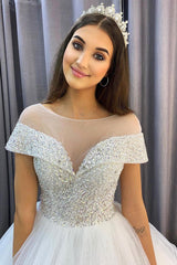 Elegant A-Line Bateau Wedding Dress with Crystal Sequins and Tulle Train
