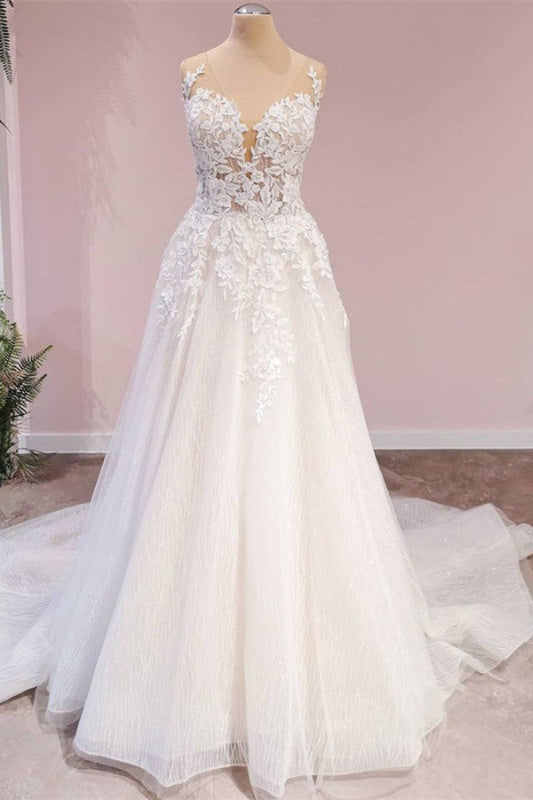 Elegant Backless Sweetheart Wedding Gown in A-Line Lace Tulle with Floor-length Appliques