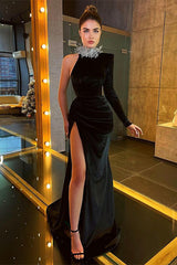Elegant Black High Neck Evening Gown Long Sleeves with Side Split