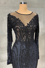 Elegant Black Mermaid Prom Dress Tulle with Long Sleeves
