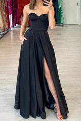 Black Sweetheart A-Line Prom Dress with Pockets and Side Split