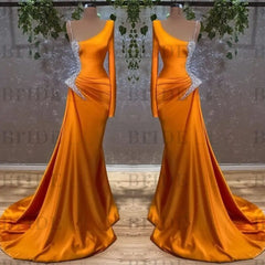 Burnt Orange Long Sleeves Mermaid Prom Dress Satin Long with Beads