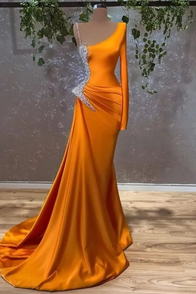 Burnt Orange Long Sleeves Mermaid Prom Dress Satin Long with Beads