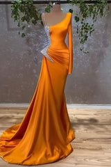 Burnt Orange Long Sleeves Mermaid Prom Dress Satin Long with Beads