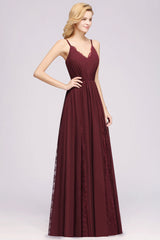 Elegant Chiffon Lace V-Neck A-line Long Bridesmaid Dress