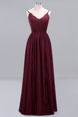 Elegant Chiffon Lace V-Neck A-line Long Bridesmaid Dress